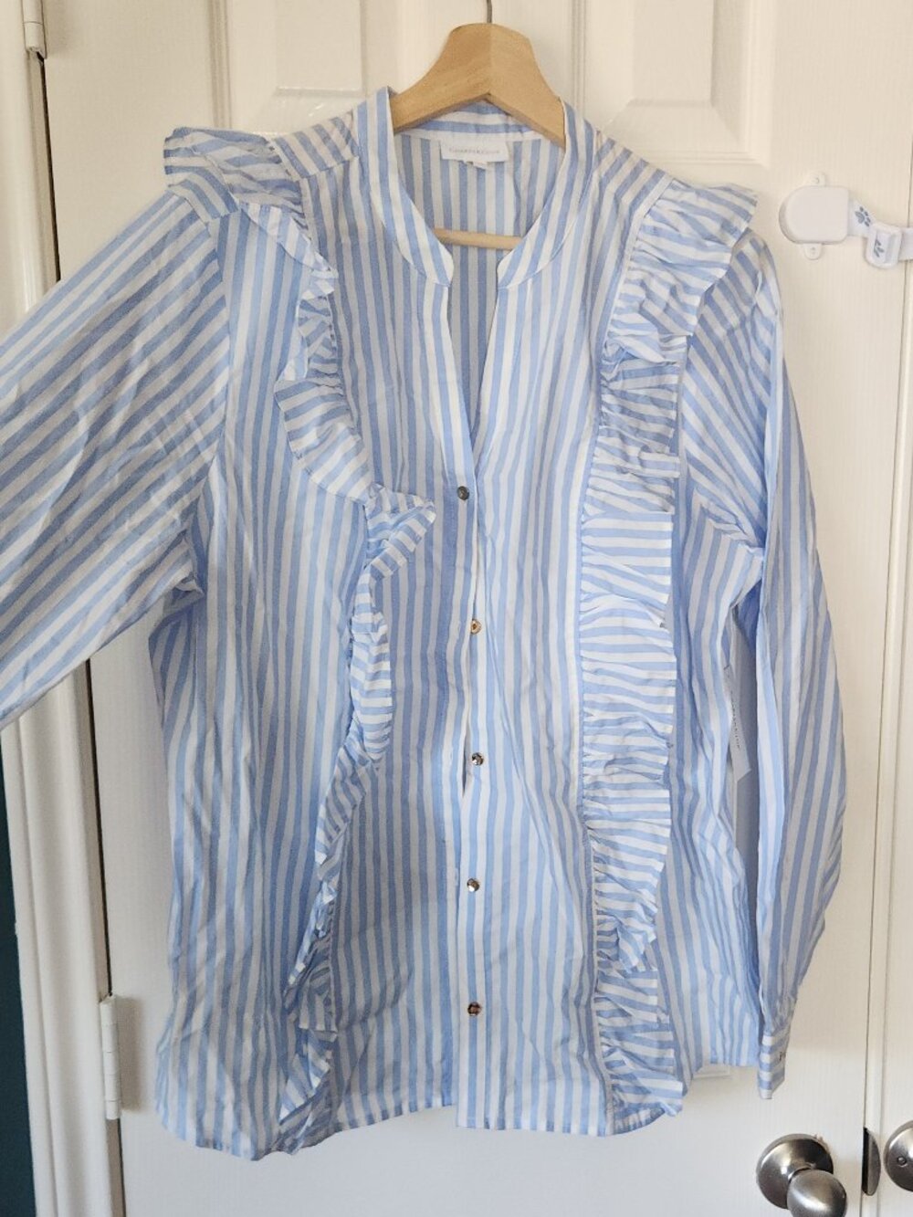 Charter Club Blue & White STriped Ruffle Front Cotton Button-Down Shirt